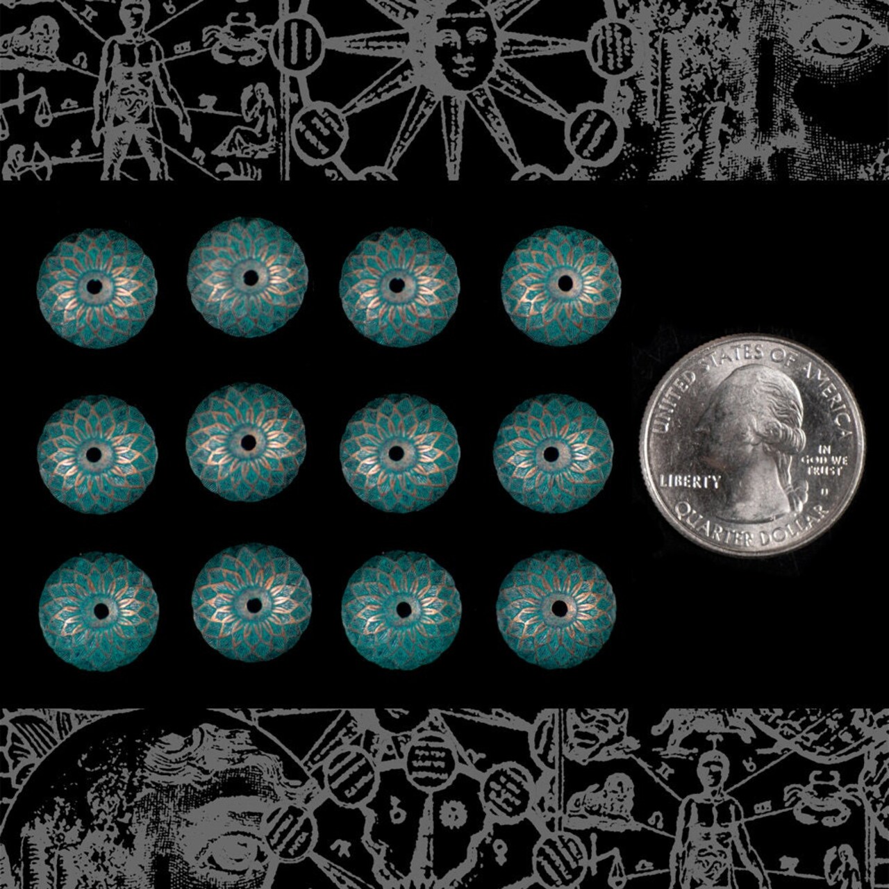 Verdigris Finished Brass Acorn Bead Caps - Set of Twelve - V-BC01